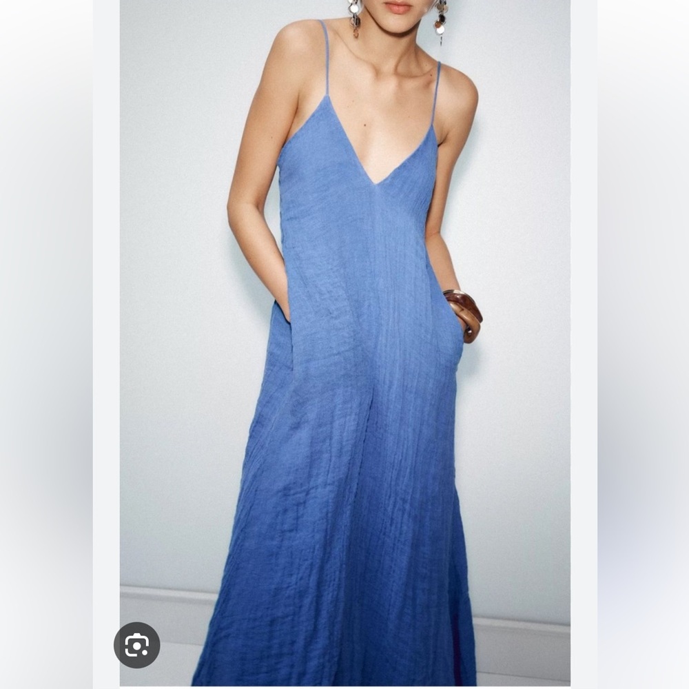 Zara NWT blue linen blend midi dress 3013/048